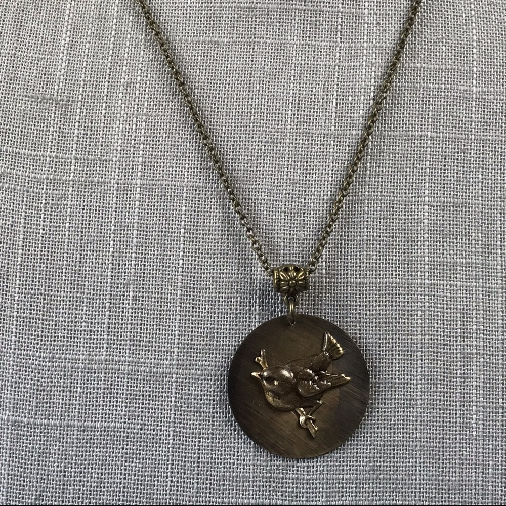 Handmade rustic brass chickadee bird necklace
